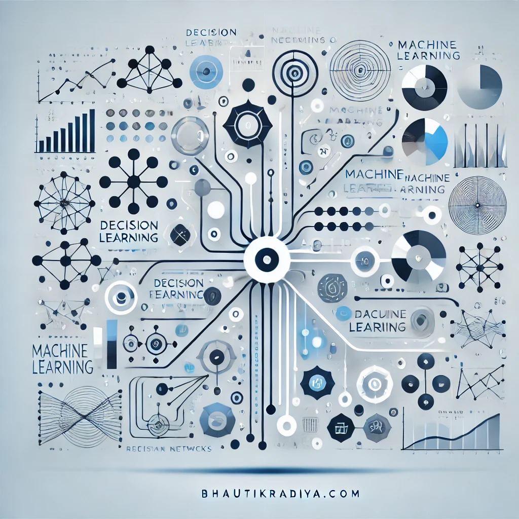 A clean and modern design representing machine learning algorithms, with various icons or abstract shapes symbolizing different algorithms like decisi